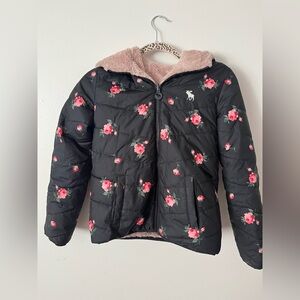 Abercrombie & Fitch Reversible Black Puffer Jacket with Pink Rose Print